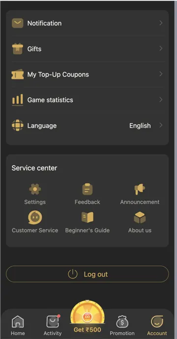 BDG Game account service center screen