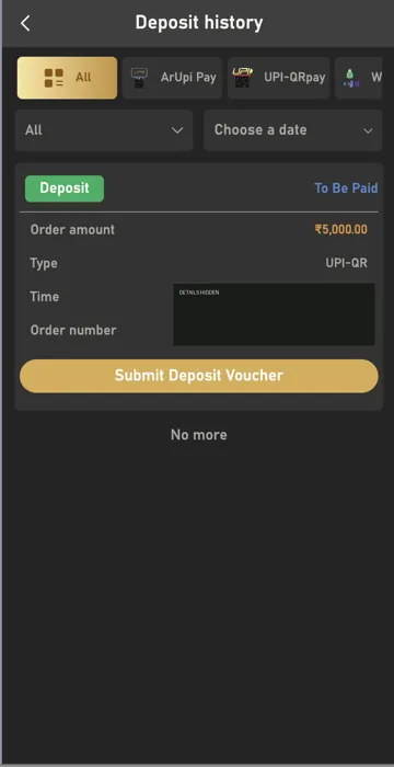 BDG Game deposit history screen · Sensitive details hidden