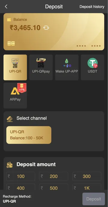 BDG Game deposit options screen