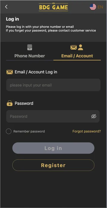 BDG Game email login screen