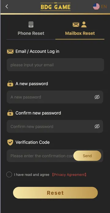BDG Game email password reset screen