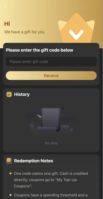 BDG Game gift redemption screen