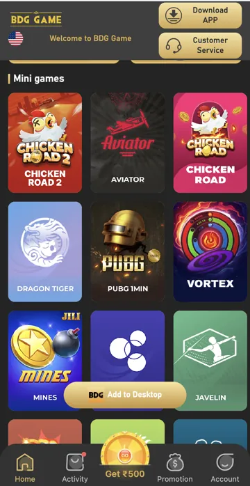 BDG Game mini games lobby screen