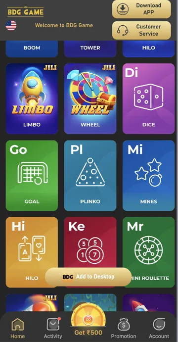 BDG Game original games screen