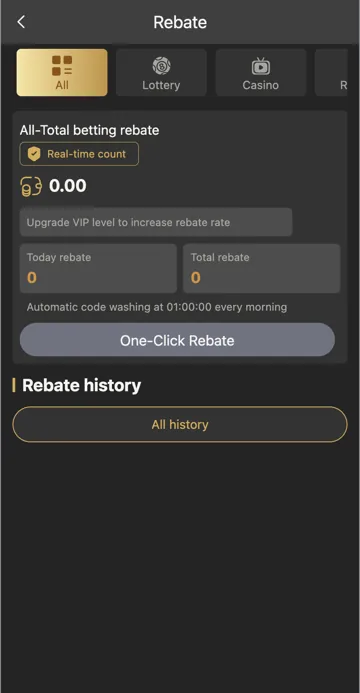 BDG Game rebate overview screen
