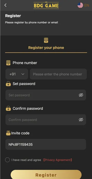 BDG Game registration form screen