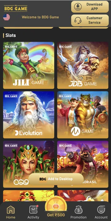 BDG Game slots lobby screen